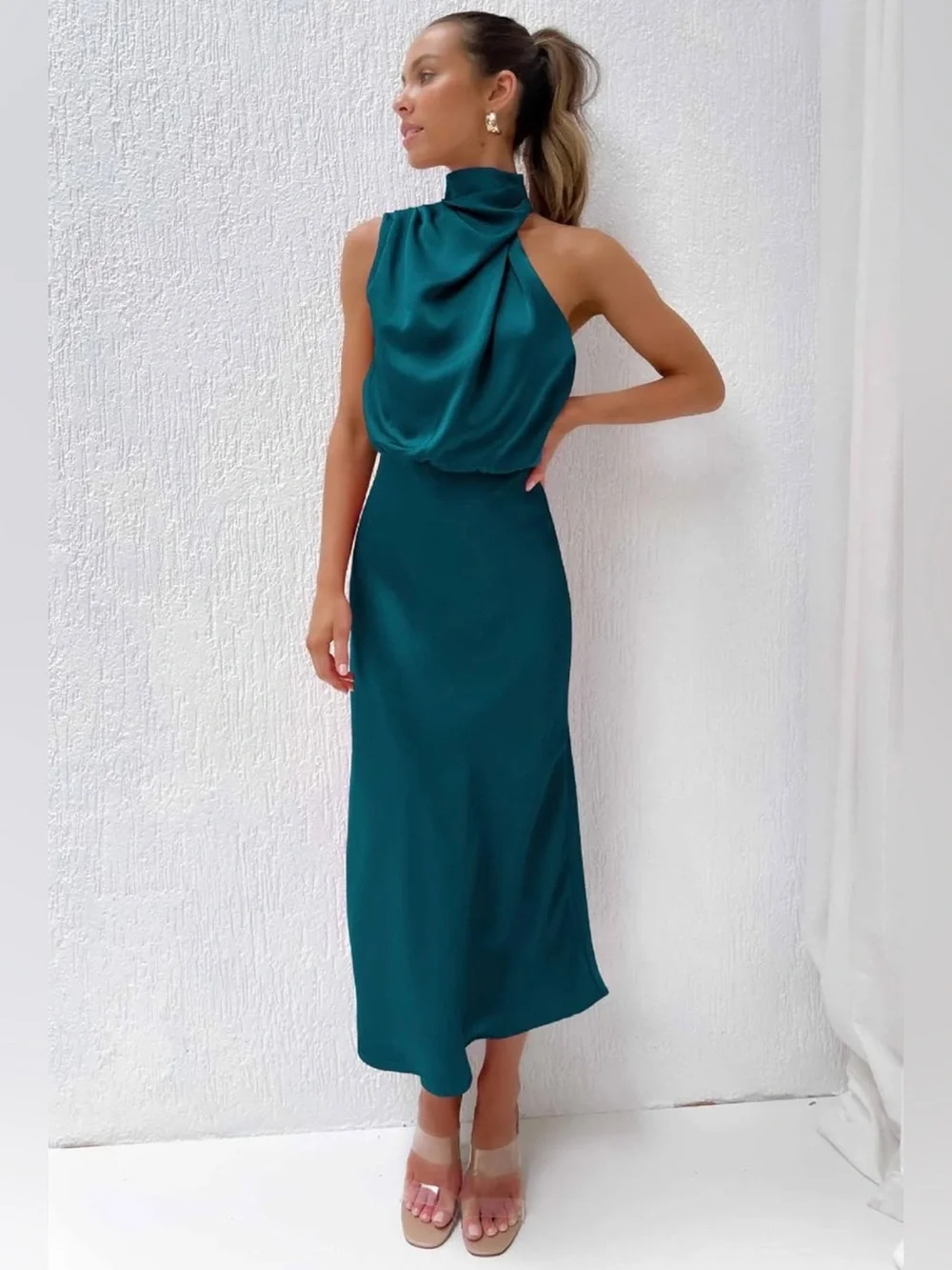 Sleeveless Teal High-Neck Satin Midi Dress - Picture 1 of 3